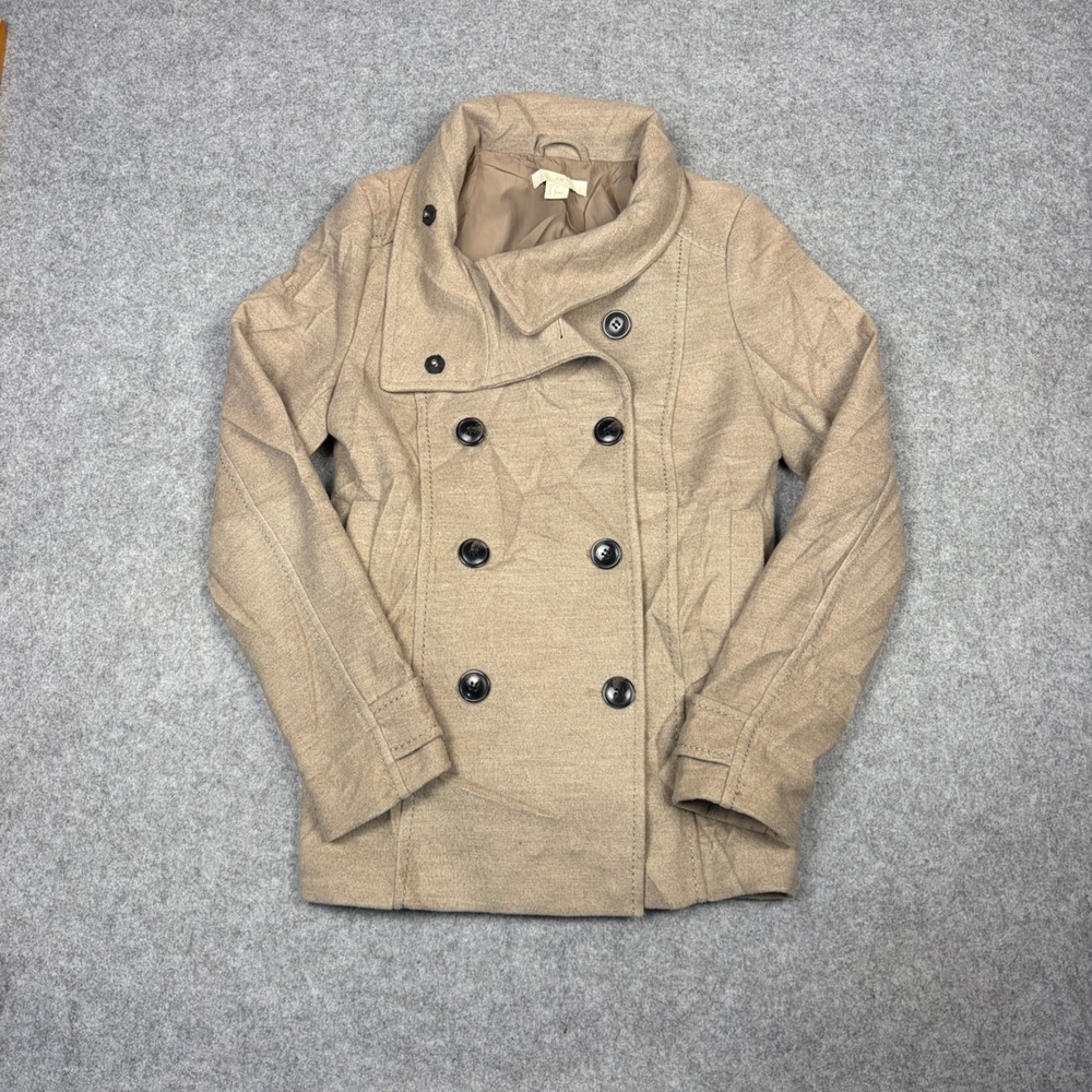 HM Women Tan Double Breasted Peacoat Jacket Funnel Neck Size 6